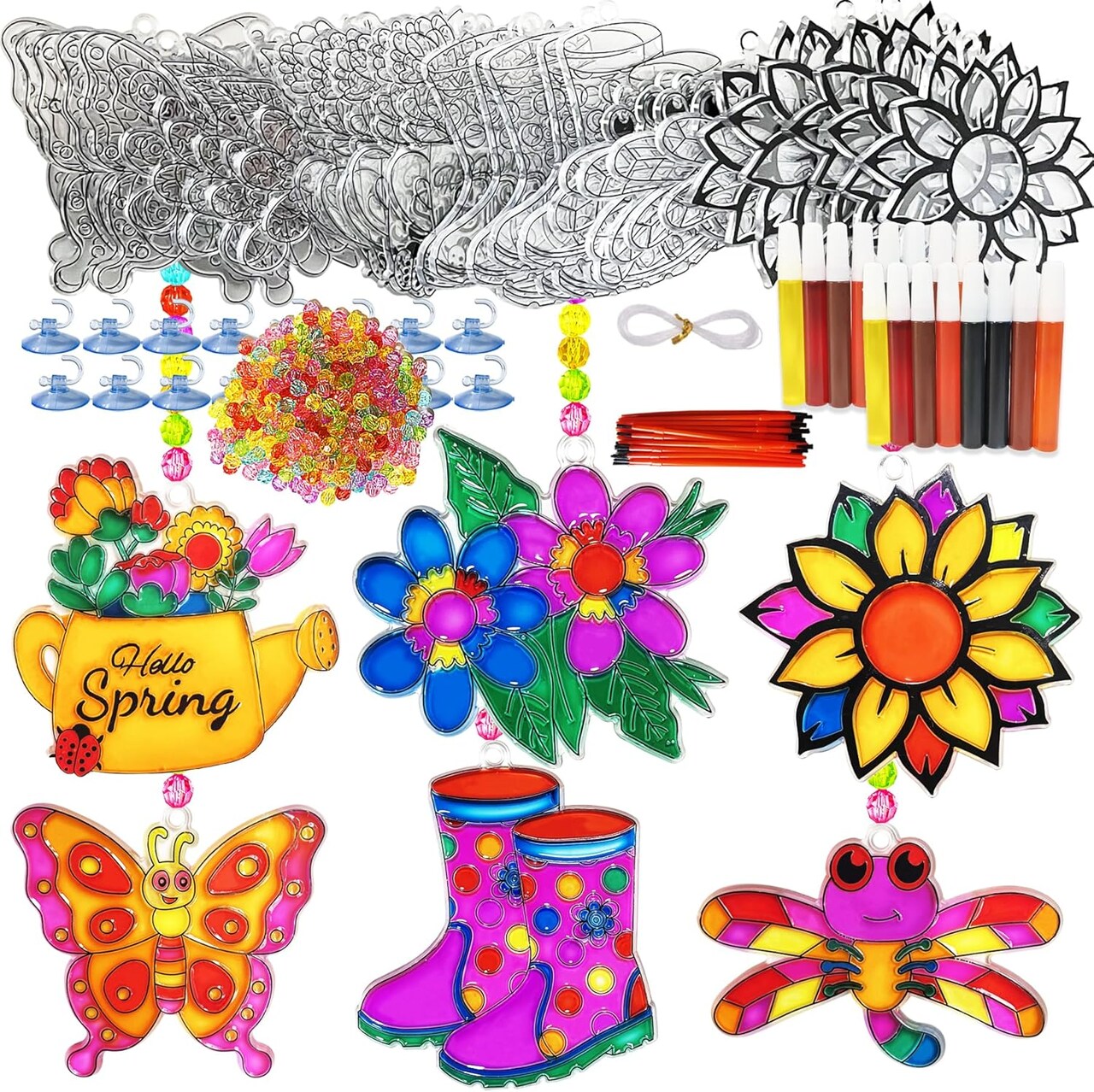 Spring Flower Suncatcher Activity Craft Kit Butterfly Sun Catcher DIY Window Paint Art Suncatcher Kits for Spring Summer Easter Party Activities Art Project Party Favors